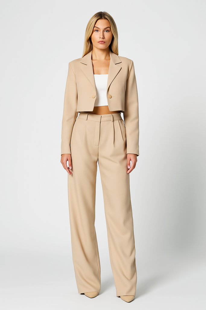Cropped Blazer Set - Sandstone Elegance
